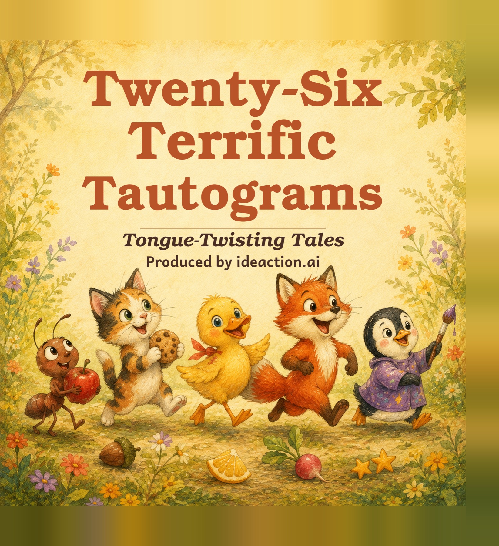 Cover of Twenty-Six Terrific Tautograms, showing Amelia Ant, Clara Cat, Daisy Duck, Fiona Fox, and Penny Penguin marching through a flower-filled woodland