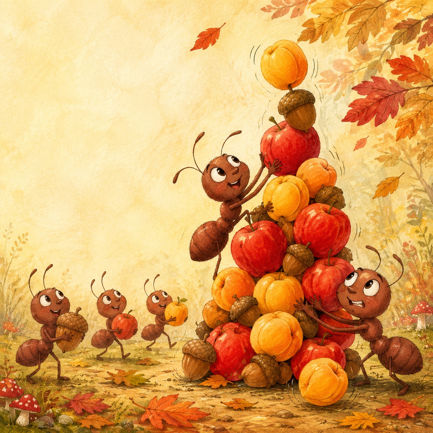 Amelia Ant and friends stacking autumn apples, pumpkins, and acorns