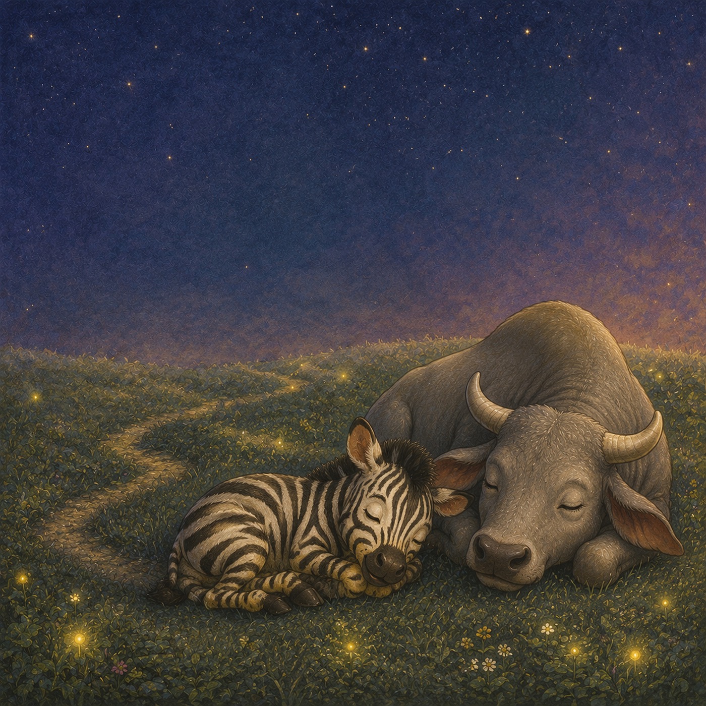 Zack Zebra asleep beside Zoe Zebu under a starry sky